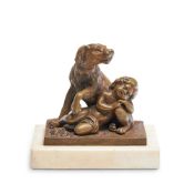 A FRENCH BRONZE OF A DOG AND SLEEPING CHILD, 19TH CENTURY