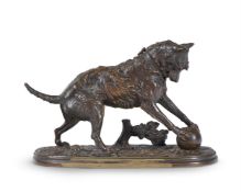 AFTER ARTHUR WAAGEN- BRONZE OF A DOG WITH A BALL, LATE 19TH CENTURY