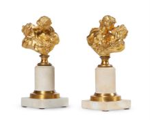 AFTER JEAN HOUDON- A PAIR OF GILT BRONZE AND MARBLE FIGURES 'THE KISS'
