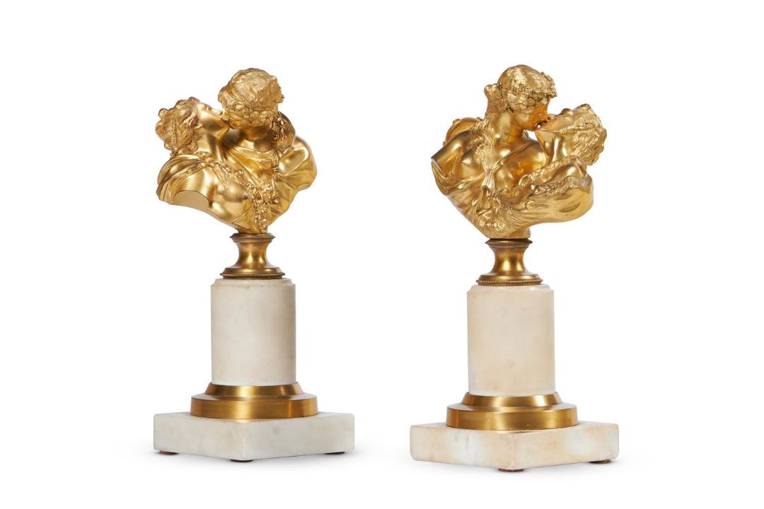 AFTER JEAN HOUDON- A PAIR OF GILT BRONZE AND MARBLE FIGURES 'THE KISS'