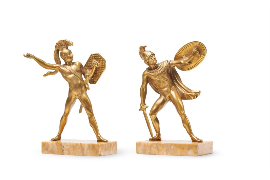 A PAIR OF GILT BRONZE BOOKENDS FORMED AS FIGURES OF GREEK WARRIORS - Image 2 of 4
