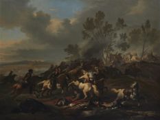 JAN VAN HUCHTENBURGH (DUTCH 1647-1733), BATTLE SCENE WITH MOUNTED COMBAT BETWEEN IMPERIAL TROOPS