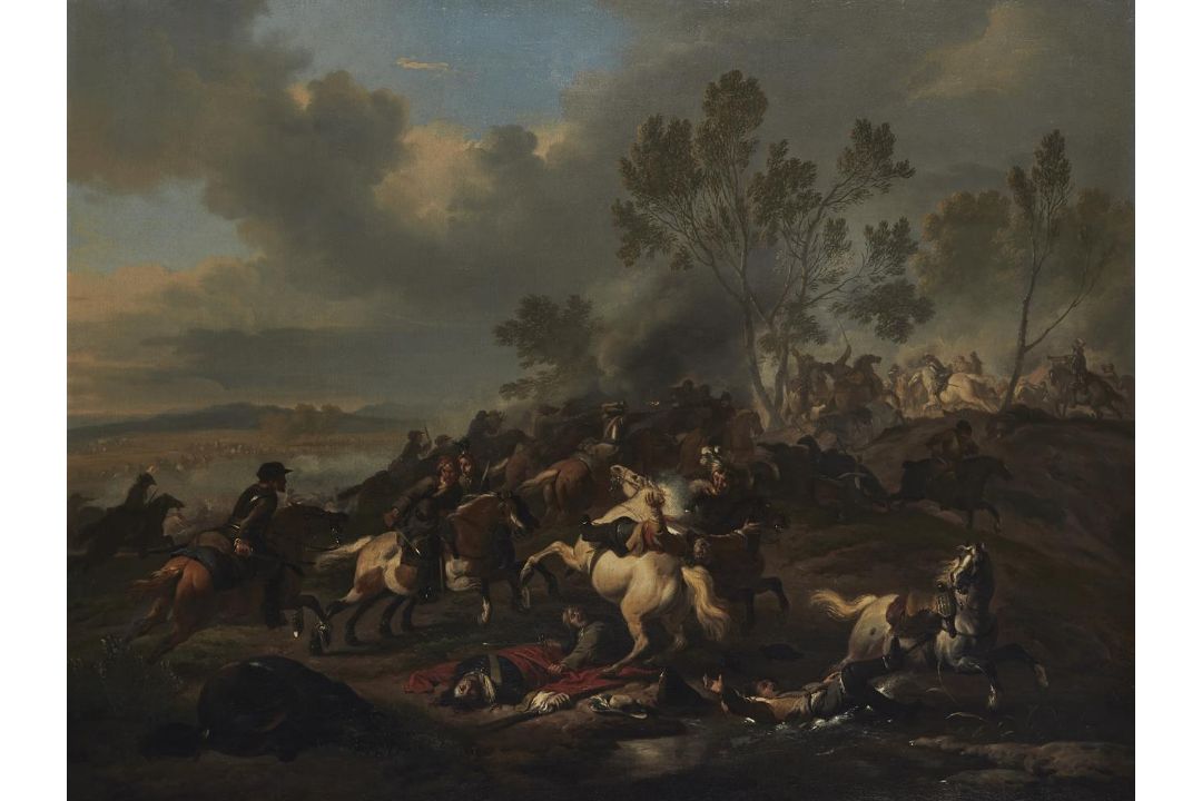 JAN VAN HUCHTENBURGH (DUTCH 1647-1733), BATTLE SCENE WITH MOUNTED COMBAT BETWEEN IMPERIAL TROOPS - Image 1 of 3