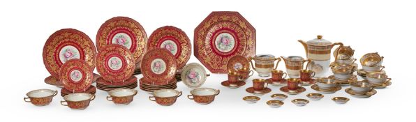 A ROSENTHAL RED-GROUND AND GILT PART DINNER SERVICE AND A MODERN RAYNAUD LIMOGES PART TEA SERVICE