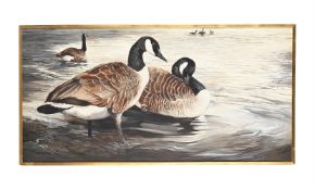 λ BERRISFORD HILL (BRITISH B. 1930), GEESE BESIDE THE WATER'S EDGE