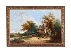BRITISH SCHOOL (19TH CENTURY), FIGURES MEETING OUTSIDE A COTTAGE, BESIDE A RIVER