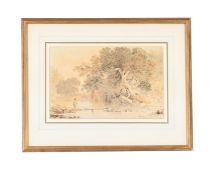 JAMES FRANCIS DANBY (BRITISH 1793 - 1861), FIGURE CROSSING A BRIDGE BY A WATERMILL