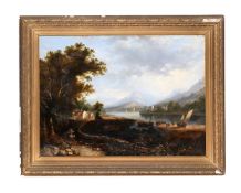 CIRCLE OF PATRICK NASMYTH (BRITISH 1787-1831), EXTENSIVE SCOTTISH LANDSCAPE WITH A LOCH WITH BOATS