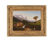 CONTINENTAL SCHOOL (19TH CENTURY), ALPINE LANDSCAPE WITH FIGURE AT THE RIVER'S EDGE