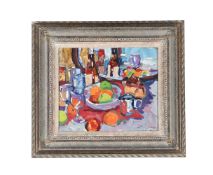 λ JOHN HOLT (BRITISH B. 1949), STILL LIFE WITH MIRROR, FRUIT & BOTTLES