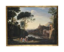 ITALIAN SCHOOL (LATE 18TH CENTURY), FIGURES IN AN ITALIANATE RIVER LANDSCAPE