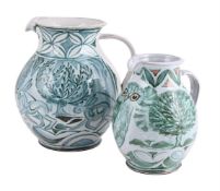 ANDREW HAZELDEN FOR ALDERMASTON POTTERY; A LARGE TIN-GLAZED EARTHENWARE JUG, CIRCA 1990
