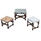 A FRENCH CARVED WALNUT AND PARCEL GILT STOOL, 18TH CENTURY AND LATER, TOGETHER WITH TWO OTHER STOOLS