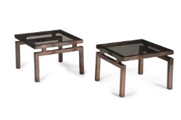 A PAIR OF PATINATED METAL LOW OCCASIONAL TABLES