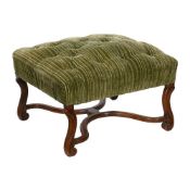 A LARGE FRENCH WALNUT AND BUTTON UPHOLSTERED STOOL, IN LOUIS XIV STYLE, 20TH CENTURY