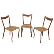 A SET OF THREE HARDWOOD AND RUSH SEATED SIDE CHAIRS