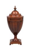 A MAHOGANY AND INLAID CUTLERY URN IN GEORGE III STYLE, CIRCA 1900