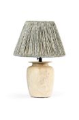 A STONEWARE VASE TABLE LAMP, WITH A PALE BLUE GEOMETRIC PRINTED PLEATED SHADE