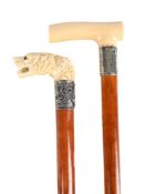 Y TWO IVORY HANDLED MALACCA WALKING STICKS, LATE 19TH OR EARLY 20TH CENTURY