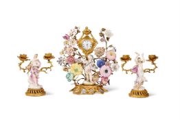 A GILT BRONZE MOUNTED MEISSEN PORCELAIN TIMEPIECE GARNITURE, 18TH CENTURY AND LATER ASSEMBLED