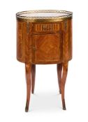 A LOUIS XVI-STYLE GILT-METAL MOUNTED KINGWOOD, TULIPWOOD & PARQUETRY OVAL MAHOGANY BEDSIDE CUPBOARD