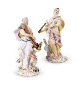 A PAIR OF MEISSEN FIGURES OF MAIDENS EMBLEMATIC OF 'AIR' AND 'EARTH', MID 18TH CENTURY