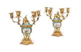 A PAIR OF NAPOLEON III GILT METAL MOUNTED SEVRES STYLE PORCELAIN CANDELABRA, MID 19TH CENTURY