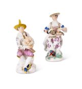 A PAIR OF MEISSEN FIGURES OF HARLEQUIN AND COLUMBINE, CIRCA 1745