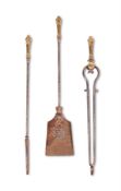 A WILLIAM IV SET OF THREE BRONZE HANDLED STEEL FIRE TOOLS, CIRCA 1830/1840
