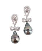 A PAIR OF CULTURED PEARL AND DIAMOND PENDENT EARRINGS