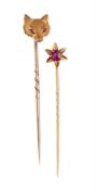 A LATE VICTORIAN FOX MASK STICK PIN AND A RUBY STAR STICK PIN