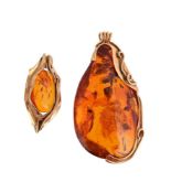 J.B SØRENSEN, A CLARIFIED AMBER PENDANT AND BROOCH