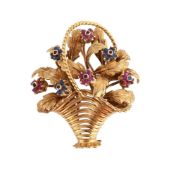 A GEM SET FLOWER BASKET BROOCH