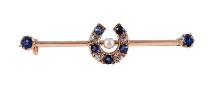 A LATE VICTORIAN SAPPHIRE, DIAMOND AND PEARL HORSESHOE BAR BROOCH, CIRCA 1890