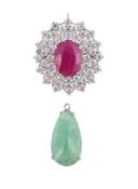 A RUBY, EMERALD AND WHITE STONE BROOCH