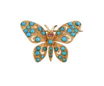 A TURQUOISE AND RUBY SET BUTTERFLY BROOCH, LONDON 1966