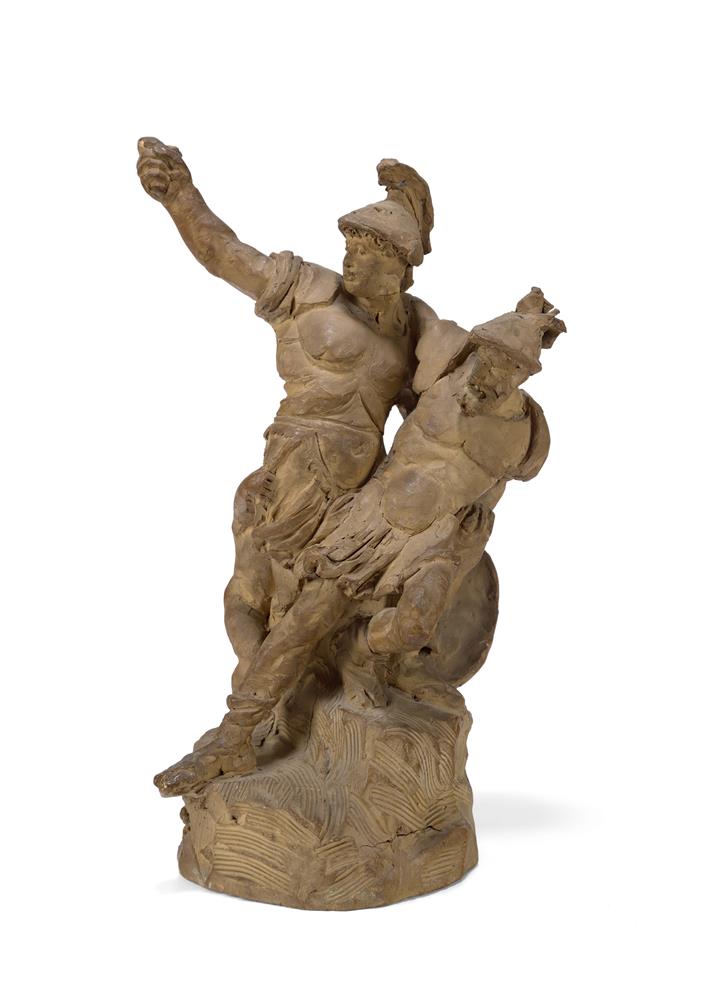 AN ITALIAN TERRACOTTA MYTHOLOGICAL SCENE- POSSIBLY MENELAUS AND PATROCLUS, 18TH CENTURY