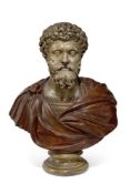 A LARGE PAINTED CARTON PIERRE AND PLASTER BUST OF EMPEROR MARCUS AURELIUS POSSIBLY FRENCH