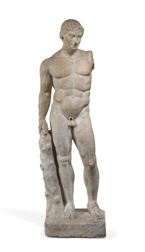 AFTER THE ANTIQUE- A WHITE MARBLE FIGURE OF STANDING MALE NUDE, ITALIAN, 18TH CENTURY
