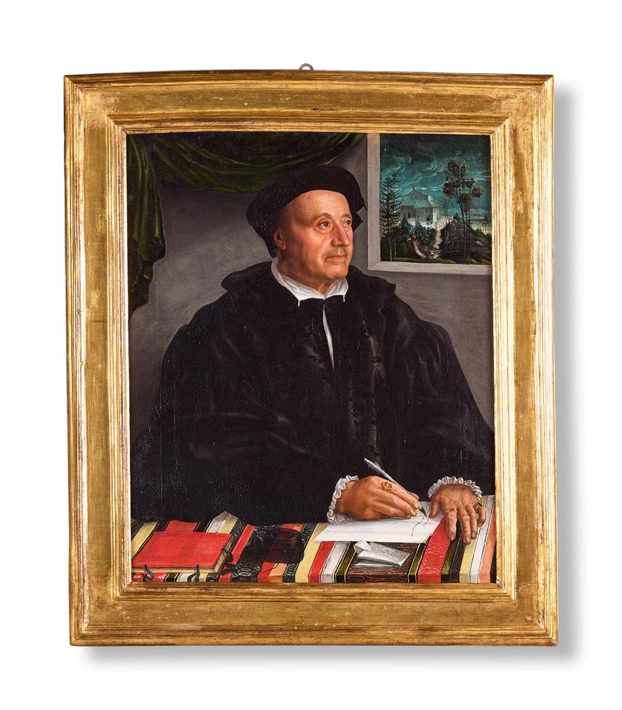 GERMAN SCHOOL (16TH CENTURY), PORTRAIT OF A GENTLEMAN AT A DESK WITH A GOLDFINCH