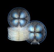 RENÉ LALIQUE (FRENCH, 1860-1945); EIGHT 'COQUILLES' PLATES; DESIGNED 1924; PRE 1945
