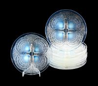 RENÉ LALIQUE (FRENCH, 1860-1945); EIGHT 'COQUILLES' SIDE PLATES; DESIGNED 1924; PRE 1945