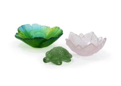 FRENCH ART GLASS; TWO DAUM VIDE POCHES AND A LALIQUE TORTOISE; CIRCA 2000