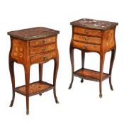 A MATCHED PAIR OF WALNUT, MARQUETRY AND MARBLE BEDSIDE CHESTS OF DRAWERS, LATE 19TH CENTURY