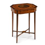 Y A GEORGE III SATINWOOD, MARQUETRY AND POLYCHROME PAINTED WORK TABLE, LATE 18TH CENTURY