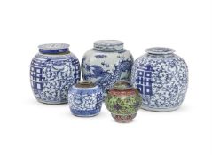 A GROUP OF GINGER JARS; INCLUDING TWO CHINESE BLUE AND WHITE 'MARRIAGE' GINGER JARS AND COVERS