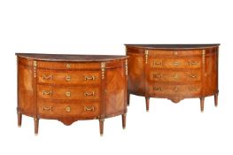 Y A PAIR OF MAHOGANY, TULIPWOOD AND ROSEWOOD DEMI LUNE SIDE CABINETS, IN LOUIS XVI STYLE