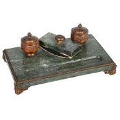 A GILT METAL MOUNTED VARIEGATED GREEN MARBLE INKSTAND, FRENCH, LATE 19TH CENTURY