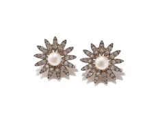 A PAIR OF CULTURED PEARL AND DIAMOND EARRINGS