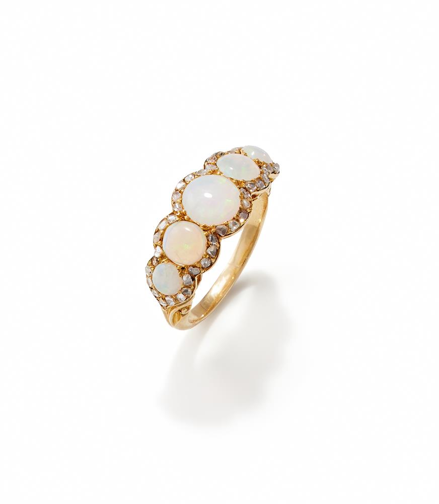 A LATE 19TH CENTURY OPAL AND DIAMOND FIVE STONE RING